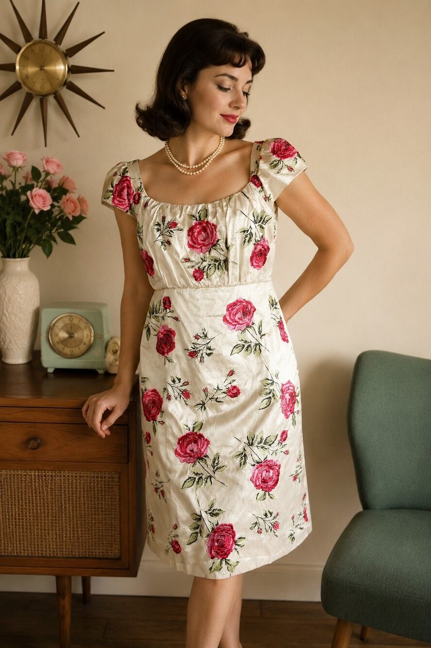 Vintage Ivory Floral Brocade Pink Rose Print Empire Waist Cottagecore Midi Dress